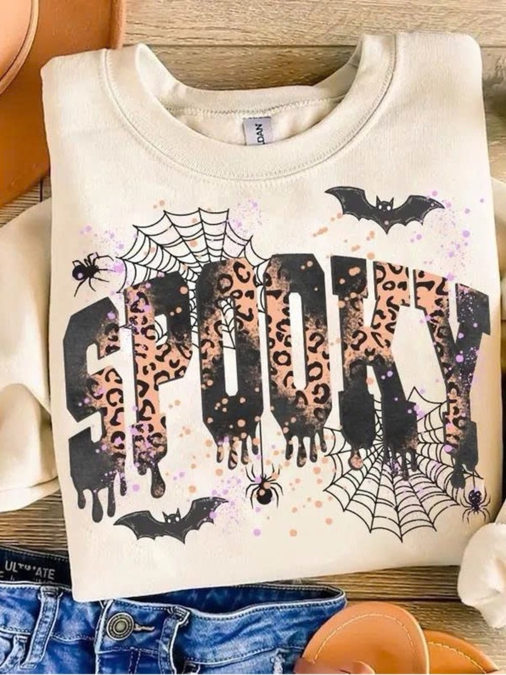 Gildan Cream 'SPOOKY' Graphic with Black Accents - Tee